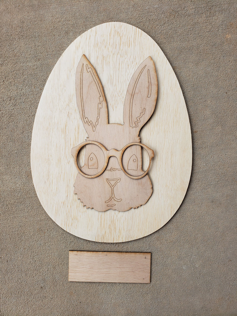 WHOLESALE Bunny w/glasses Egg Door Hanger - BLANK (4 Sets)